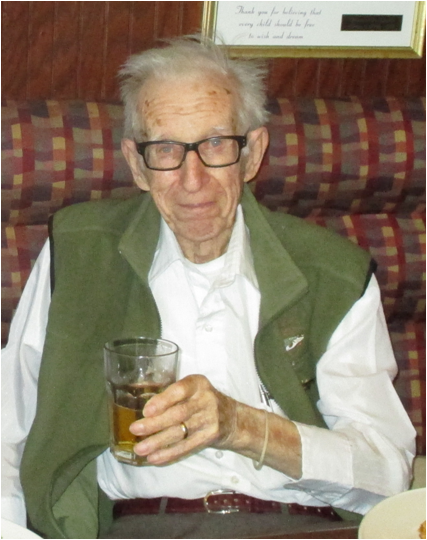 W.B. (Bev) Scott. Photo taken at lunch on 15 May 2014 in Lindsay, Ontario, just two months shy of his 97th birthday. (He finished his beer--and his lunch as well).