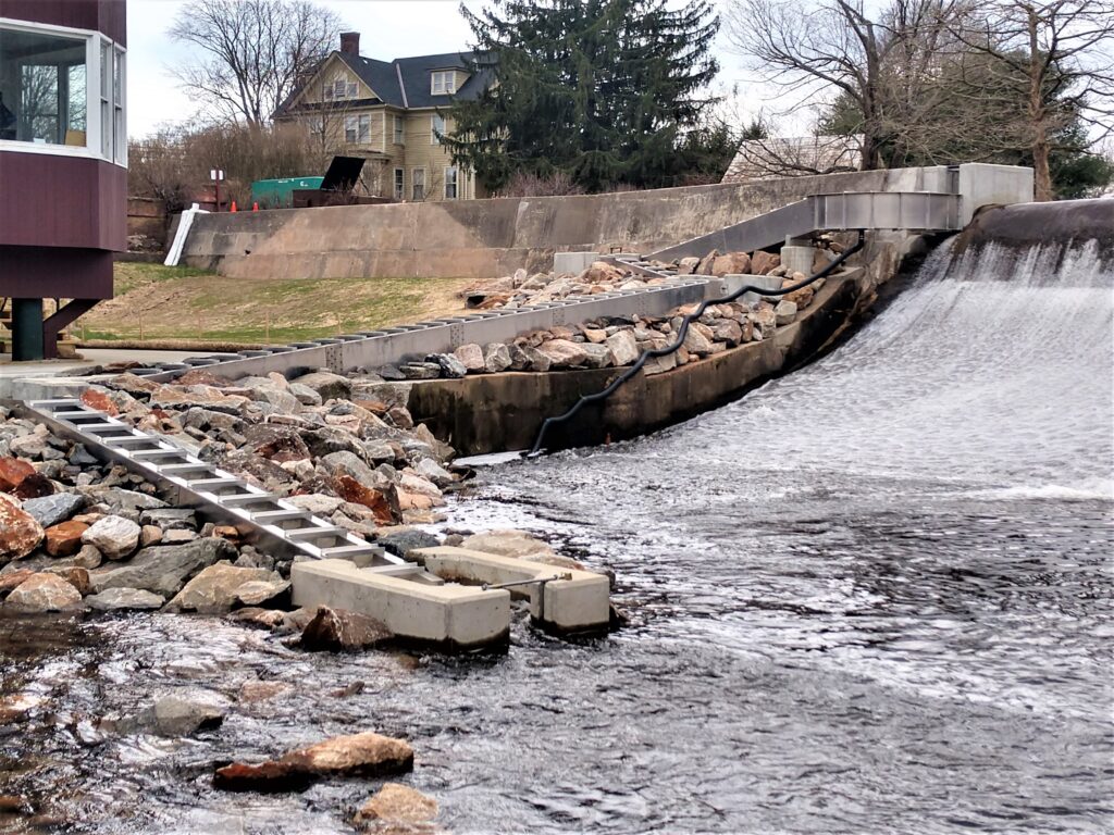 Steeppass Fishway with Eel Pass formed by Black Hose - Millpond Dam Fishway, Essex, Connecticut, US